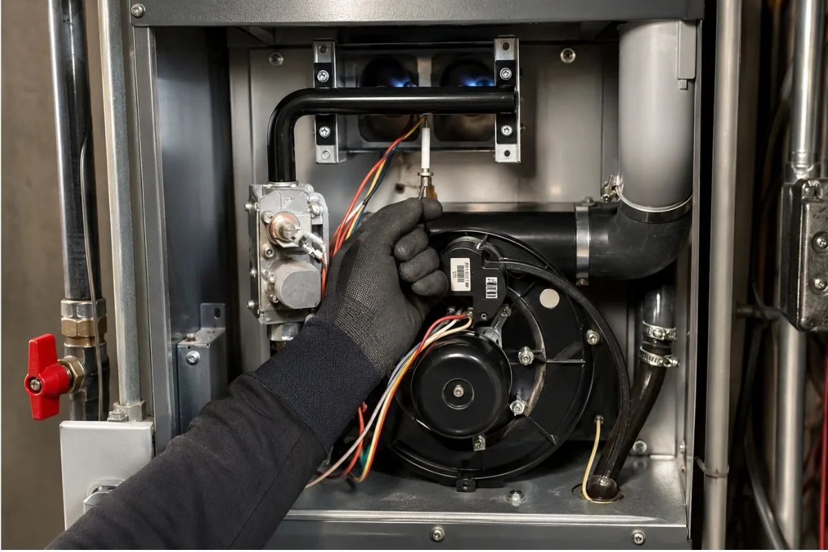 HVAC technician testing furnace flame rectification microamps and gas manifold pressure in Elyria OH
