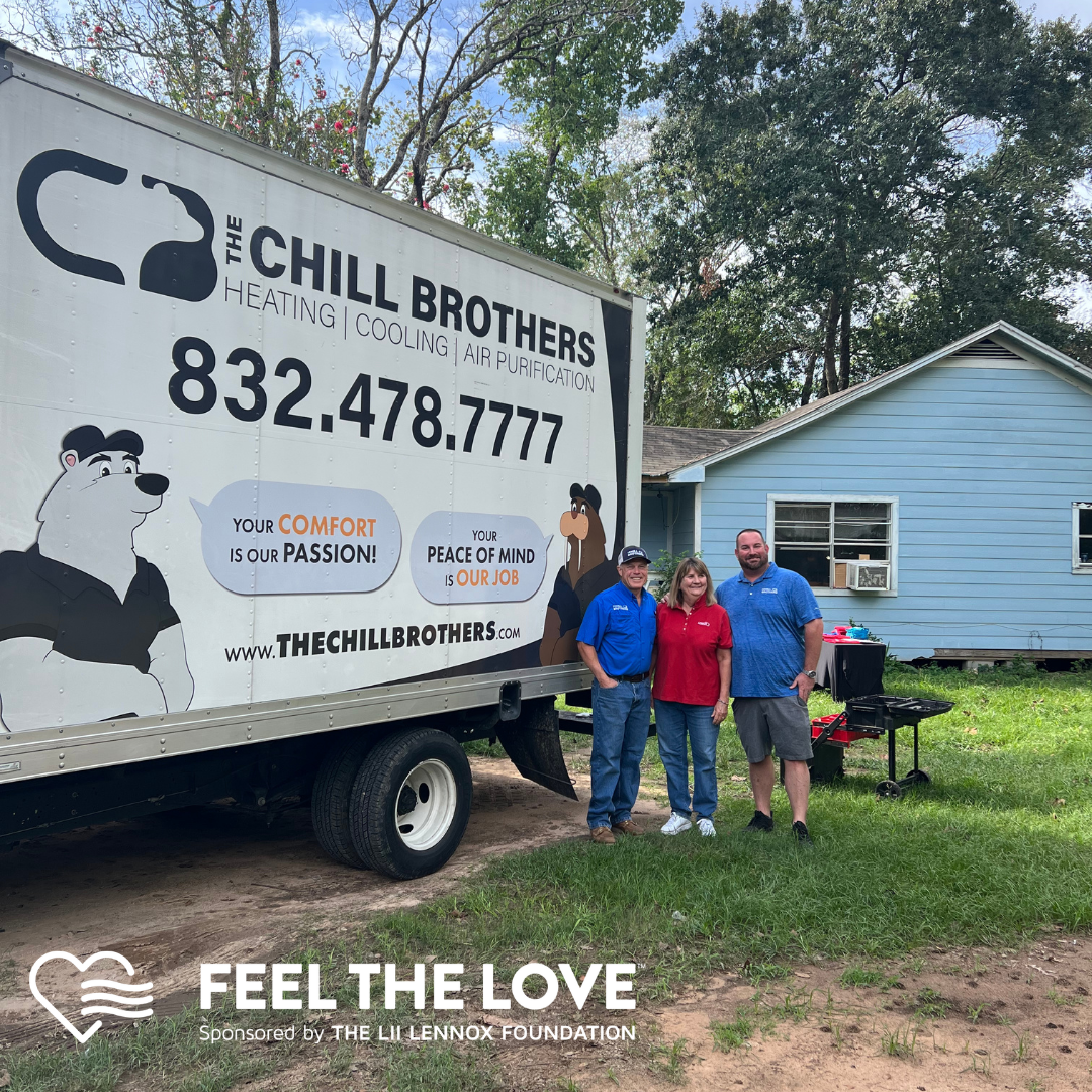 Chill Brothers service truck outside a blue home with team members preparing for the Lennox Feel the Love program
