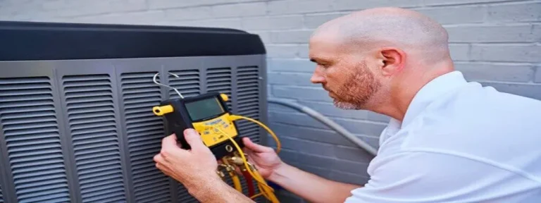 A technician uses a digital thermometer to assess an air conditioner's temperature, showcasing The Chill Brothers' expertise.