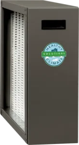 Gray air filter featuring a green sticker, branded with Lennox Air Purification by The Chill Brothers.