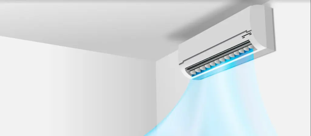 Air conditioner emitting a blue light, symbolizing energy efficiency and comfort, associated with The Chill Brothers' SEER rating.