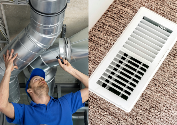 Technician adjusting metal air ducts next to a close-up of a floor air vent, showing the difference between ducts and vents