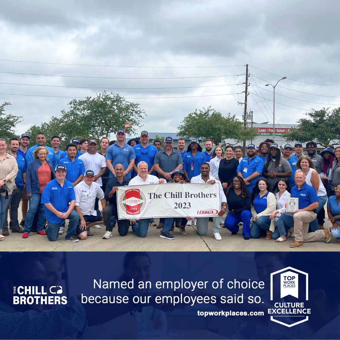 Chill Brothers team group photo holding an award banner after being named a 2024 Houston Chronicle Best Workplace in Cultural Excellence