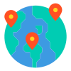 a blue and green globe with orange pins