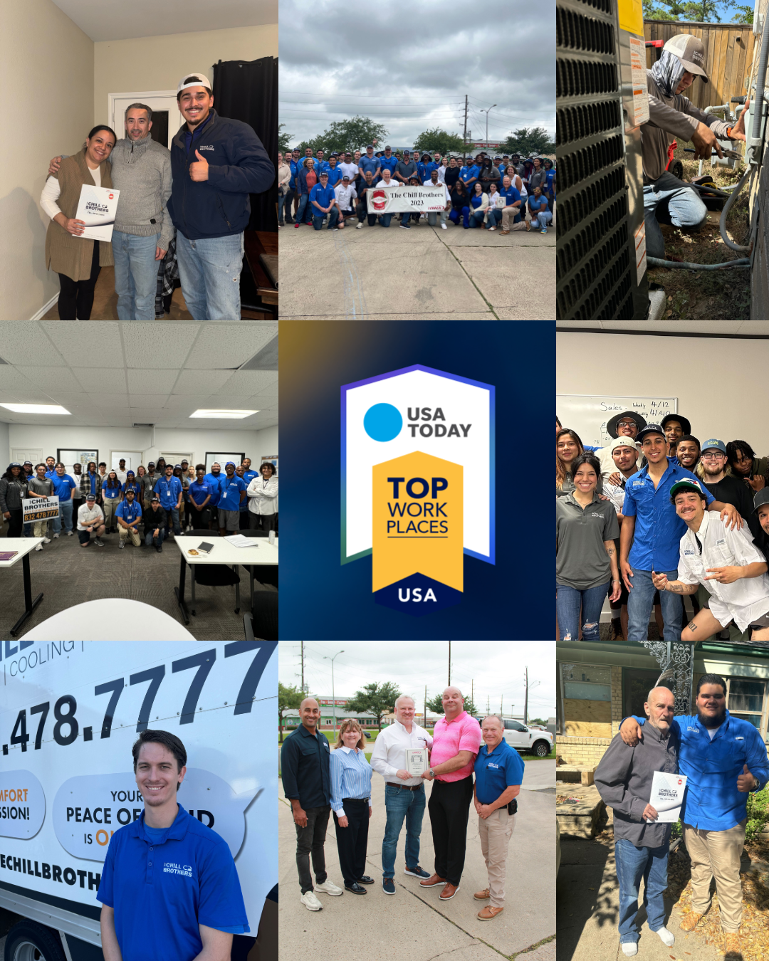 Photo collage of The Chill Brothers team: technicians at work, group photos and a USA Today Top Workplaces award