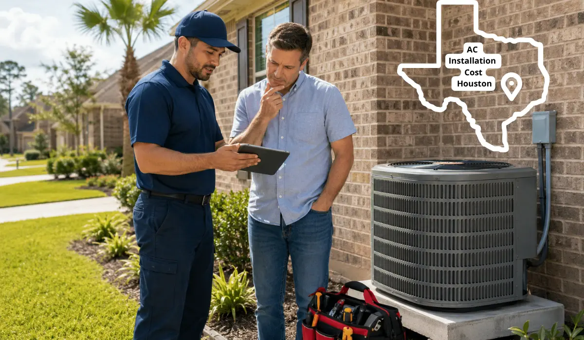 Technician reviewing AC installation cost estimate with homeowner in Houston