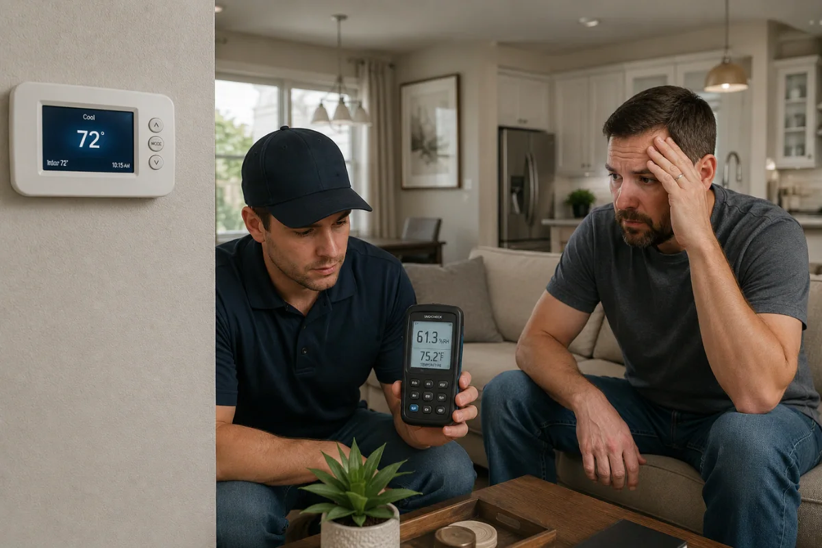 Technician measuring high indoor humidity while homeowner discusses AC comfort issues