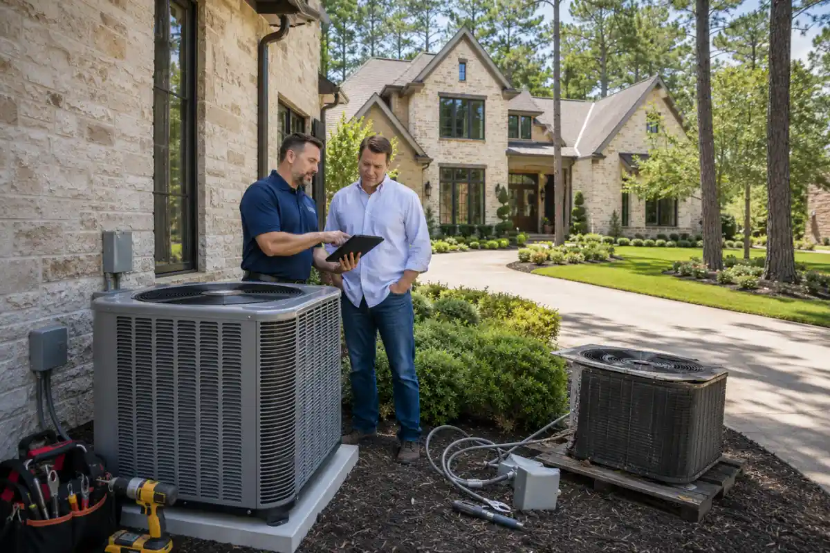 HVAC technician reviewing AC replacement options with homeowner in The Woodlands TX