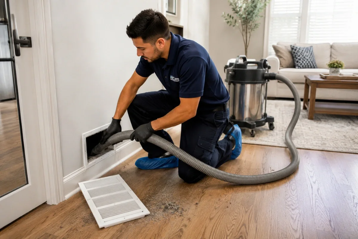 Technician uses a vacuum hose to clean a residential air duct vent in Missouri City