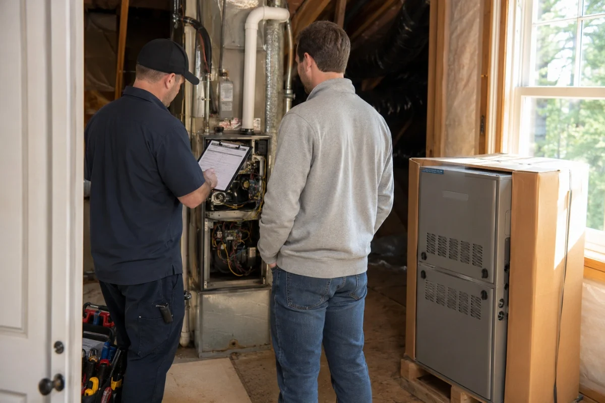 HVAC technician reviews an old furnace with a homeowner before replacement in Tomball, TX