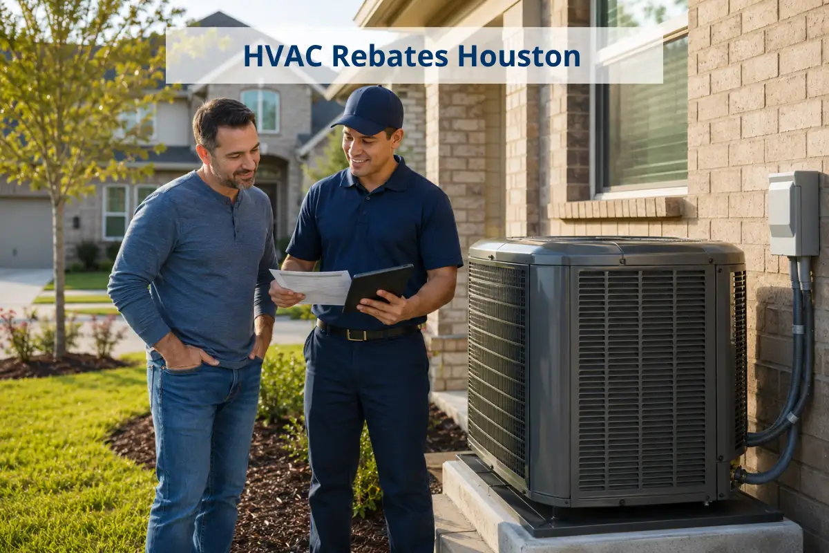 HVAC technician reviewing rebate paperwork with homeowner beside outdoor AC unit in Houston