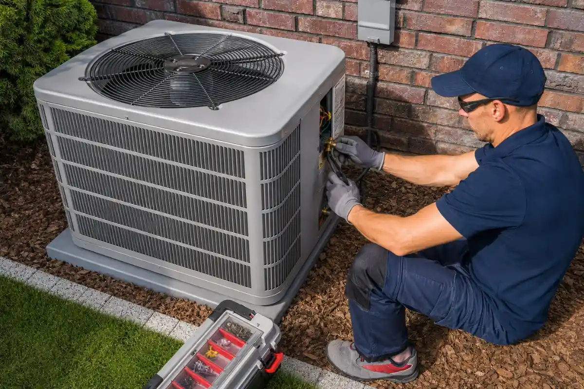 HVAC technician servicing an outdoor AC unit with refrigerant gauges and tools.